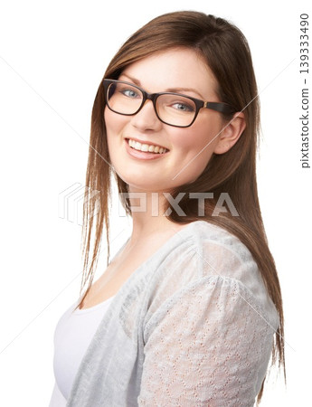 Portrait, smile and glasses for vision with a woman in studio isolated on a white background for optometry. Face, eyewear and a happy young person with prescription frame lenses for optical eyesight Portrait, smile and glasses for vision with a woman in studio isolated on a white background for optometry. Face, eyewear and a happy young person with prescription frame lenses for optical eyesight 139333490