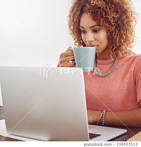 Coffee, happy woman or designer with chart for research, technology or graphs analysis on website. Data analytics, typing or female person in office drinking tea, working stats update or reading news Coffee, happy woman or designer with chart for research, technology or graphs analysis on website. Data analytics, typing or female person in office drinking tea, working stats update or reading news 139333513