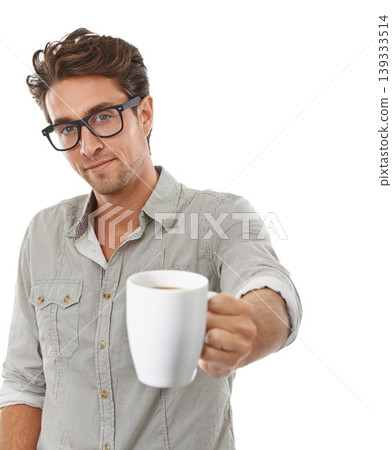 Man, portrait and coffee drink in studio for caffeine beverage, company morning for motivation, espresso or white background. Male person, model and face with mug as latte, cappuccino or mockup space Man, portrait and coffee drink in studio for caffeine beverage, company morning for motivation, espresso or white background. Male person, model and face with mug as latte, cappuccino or mockup space 139333514