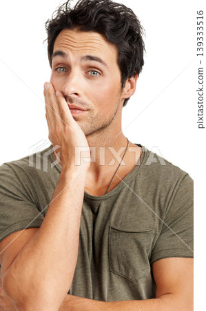 Confused, thinking and man worried with doubt and question why in white background or studio. Frustrated, planning or person with stress for problem solving or remember a mistake, decision and choice Confused, thinking and man worried with doubt and question why in white background or studio. Frustrated, planning or person with stress for problem solving or remember a mistake, decision and choice 139333516