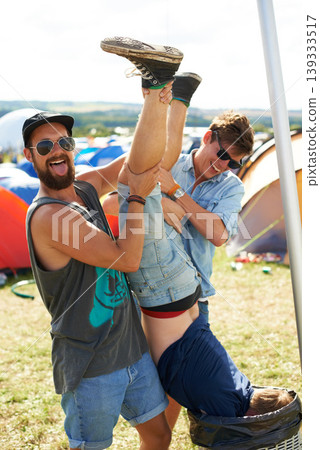 Outdoor, trash or crazy friends at festival together for vacation or social event in summer. Music concert, funny party games or drunk people with prank, smile or bin joke in holiday celebration 139333517