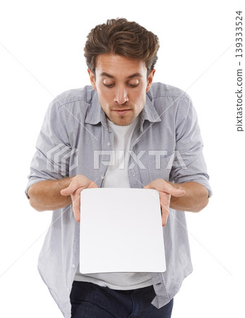Space, sign and man on poster, advertising and mockup isolated on a white studio background. Flyer, paper and person show banner on promotion, sales information or blank billboard presentation offer Space, sign and man on poster, advertising and mockup isolated on a white studio background. Flyer, paper and person show banner on promotion, sales information or blank billboard presentation offer 139333524