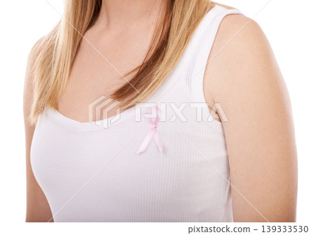 Woman, pink and ribbon for breast cancer, support or raise awareness against a white studio background. Closeup of female person or blonde with symbol, bow or band for voice, start or launch campaign 139333530