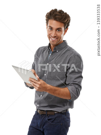 Business man, portrait and tablet in studio for planning research, reading online information and social network. Happy employee scroll to review digital news, software and app on white background Business man, portrait and tablet in studio for planning research, reading online information and social network. Happy employee scroll to review digital news, software and app on white background 139333538