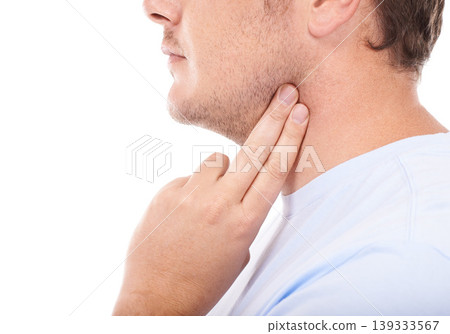 Man, hand and checking pulse on neck for rate, beat or health and wellness against a white studio background. Closeup of male person finger touching for heart monitoring or blood pressure on mockup Man, hand and checking pulse on neck for rate, beat or health and wellness against a white studio background. Closeup of male person finger touching for heart monitoring or blood pressure on mockup 139333567