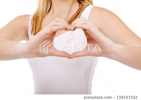 Studio, breast cancer ribbon or person heart hands, awareness campaign or survivor support. Emoji care icon, boobs health sign and closeup model love for chest disease recognition on white background Studio, breast cancer ribbon or person heart hands, awareness campaign or survivor support. Emoji care icon, boobs health sign and closeup model love for chest disease recognition on white background 139333582