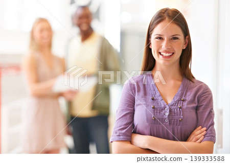 Business, woman and portrait with happy or arms crossed for collaboration, planning and research at workplace. Person, face or employee and teamwork for strategy, entrepreneur and smile for career 139333588