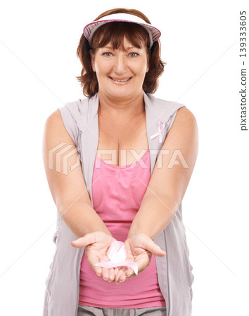 Mature portrait woman, breast cancer ribbon and show studio bow for awareness, kindness or activism support. Health wellness care, disease survivor or person giving compassion on white background Mature portrait woman, breast cancer ribbon and show studio bow for awareness, kindness or activism support. Health wellness care, disease survivor or person giving compassion on white background 139333605