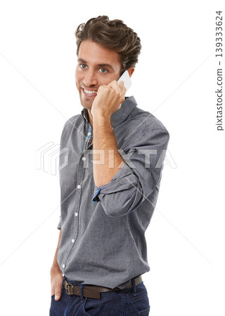 Business man, phone call and studio for communication, consulting and chat to contact on white background. Happy worker, mobile networking and feedback of advice, conversation and talk of negotiation Business man, phone call and studio for communication, consulting and chat to contact on white background. Happy worker, mobile networking and feedback of advice, conversation and talk of negotiation 139333624