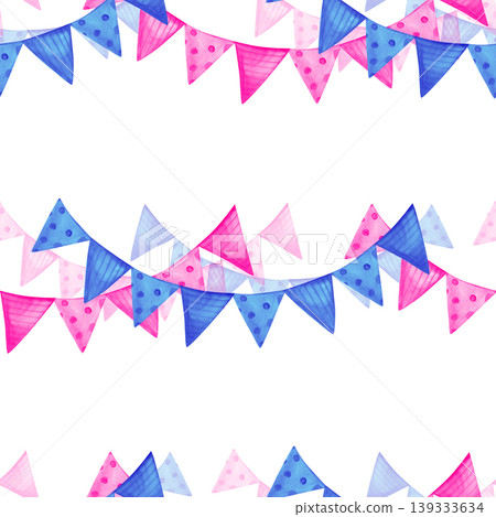Watercolor festive garland with pink and blue bunting flags. Hand drawn seamless horizontal pattern for baby shower, birthday, or gender reveal party. Decorative bunting for celebration cards and 139333634