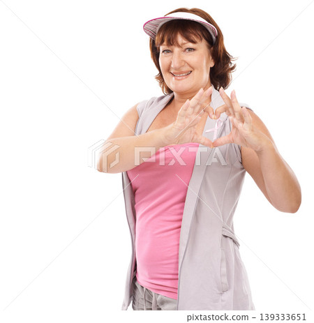 Mature portrait woman, breast cancer ribbon and heart hands for awareness, disease recovery fitness or support. Emoji care icon, survivor love gesture or studio model compassion on white background Mature portrait woman, breast cancer ribbon and heart hands for awareness, disease recovery fitness or support. Emoji care icon, survivor love gesture or studio model compassion on white background 139333651