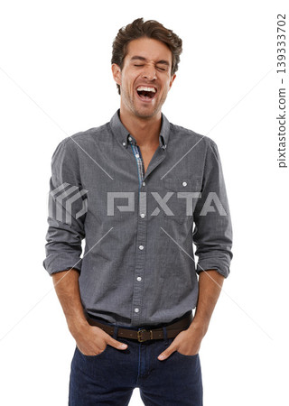 Entrepreneur, laughing and confident man in studio, white background and professional style. Businessman, smile and hands in jeans, pockets and funny person with fashion o worker with happiness Entrepreneur, laughing and confident man in studio, white background and professional style. Businessman, smile and hands in jeans, pockets and funny person with fashion o worker with happiness 139333702