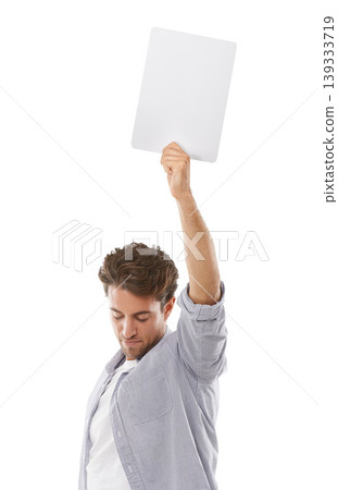 Space, sign and man on paper, presentation and mockup isolated on a white studio background. Flyer, poster and person show banner on promotion, sales information and blank placard advertising offer 139333719