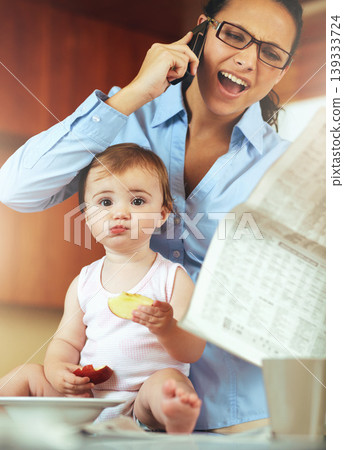 Businesswoman, phone call and baby with food in home for health, hunger or nutrition while multitasking. Single mother, toddler and stress with discussion of newspaper, article or headline in kitchen Businesswoman, phone call and baby with food in home for health, hunger or nutrition while multitasking. Single mother, toddler and stress with discussion of newspaper, article or headline in kitchen 139333724