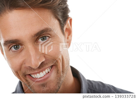 Face, smile and business man in studio isolated on a white background mockup space. Portrait, happy creative professional and entrepreneur, confident employee and designer working at startup in Spain Face, smile and business man in studio isolated on a white background mockup space. Portrait, happy creative professional and entrepreneur, confident employee and designer working at startup in Spain 139333728