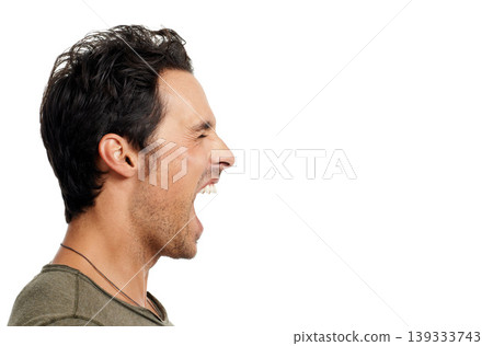 Profile, anger and screaming with man, stress and expression isolated on white studio background. Person, guy and model with depression, mockup space and shouting with emotions, crisis and frustrated Profile, anger and screaming with man, stress and expression isolated on white studio background. Person, guy and model with depression, mockup space and shouting with emotions, crisis and frustrated 139333743