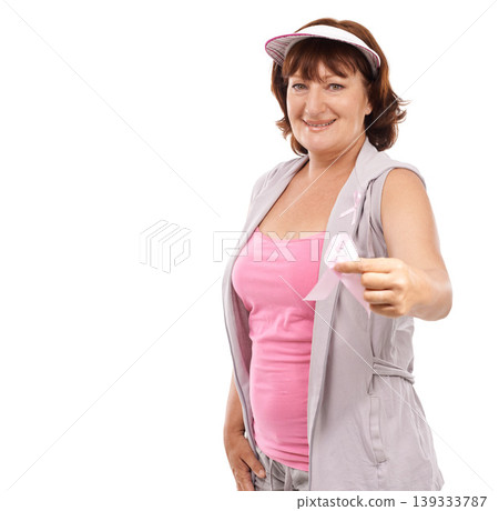 Mature portrait woman, breast cancer sign and ribbon for disease awareness, wellbeing or recovery support. Health wellness care, mock up space or studio model show survivor symbol on white background Mature portrait woman, breast cancer sign and ribbon for disease awareness, wellbeing or recovery support. Health wellness care, mock up space or studio model show survivor symbol on white background 139333787