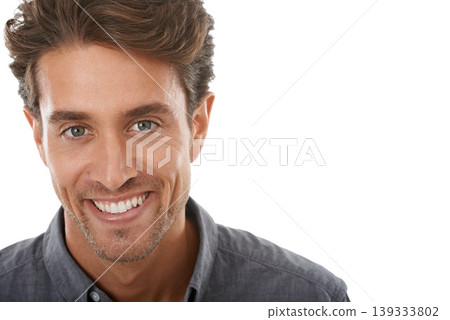 Face, happy and business man in studio isolated on a white background mockup space. Portrait, creative professional and entrepreneur smile, confident employee and designer working at startup in Spain Face, happy and business man in studio isolated on a white background mockup space. Portrait, creative professional and entrepreneur smile, confident employee and designer working at startup in Spain 139333802