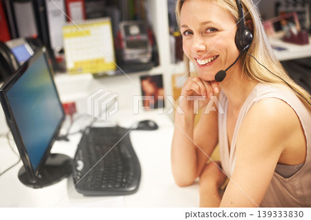 Call center, portrait or happy business woman for startup telemarketing service, consultation or technical support. Help desk customer care, communication or consultant smile for lead generation sale Call center, portrait or happy business woman for startup telemarketing service, consultation or technical support. Help desk customer care, communication or consultant smile for lead generation sale 139333830
