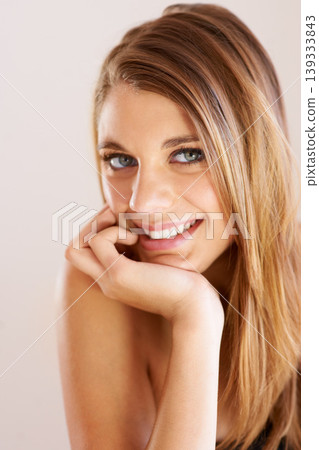 Skincare portrait, happiness and studio woman with skin collagen wellness, facial foundation cosmetics or beauty glow. Face makeup, spa salon treatment and dermatology model smile on white background Skincare portrait, happiness and studio woman with skin collagen wellness, facial foundation cosmetics or beauty glow. Face makeup, spa salon treatment and dermatology model smile on white background 139333843