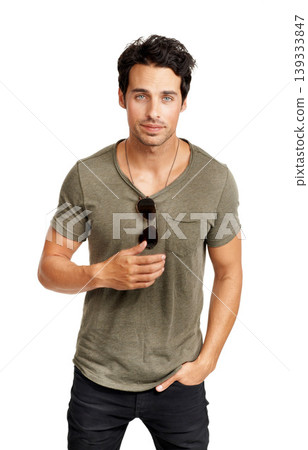 Man, portrait and fashion confidence in studio for white background and cool style, edgy clothes or mockup space. Male person, face and sunglasses for eyewear summer look, relaxing, peaceful or pride 139333847