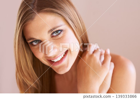 Beauty portrait, studio skincare or happy woman with skin wellness shine, facial aesthetic or anti aging cosmetic. Face makeup, spa salon satisfaction or dermatology girl isolated on beige background Beauty portrait, studio skincare or happy woman with skin wellness shine, facial aesthetic or anti aging cosmetic. Face makeup, spa salon satisfaction or dermatology girl isolated on beige background 139333866
