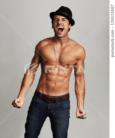Strong, fitness model and man shirtless, scream or muscular torso abs from strength training, body building or workout. Bodybuilder, studio energy or topless person shout isolated on white background Strong, fitness model and man shirtless, scream or muscular torso abs from strength training, body building or workout. Bodybuilder, studio energy or topless person shout isolated on white background 139333887