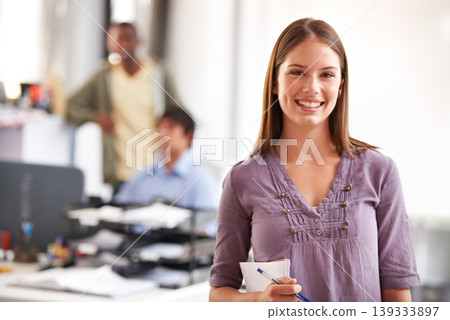 Portrait, fashion and woman with a book, designer and smile in a workplace, entrepreneur and consultant. Face, person or worker with notepad, pen or business with idea, happy or cheerful in an office 139333897