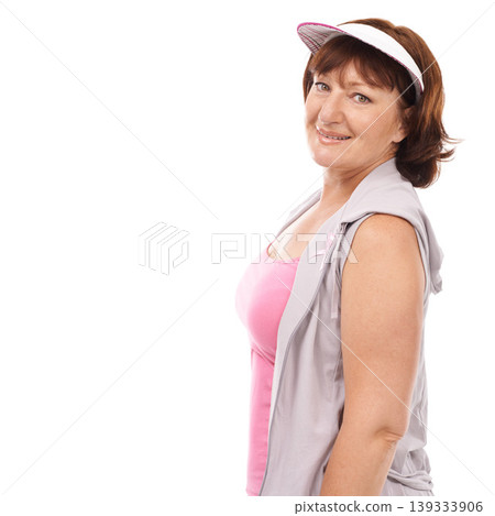 Happiness, breast cancer ribbon and mature portrait woman with wellness, awareness or empathy support. Mockup ads space, health sign and model with bow icon for studio campaign on white background Happiness, breast cancer ribbon and mature portrait woman with wellness, awareness or empathy support. Mockup ads space, health sign and model with bow icon for studio campaign on white background 139333906