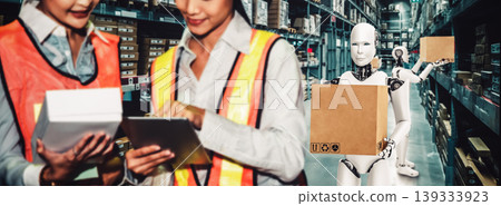 Innovative industry robot working in warehouse together with human worker Innovative industry robot working in warehouse together with human worker 139333923