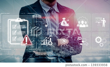Businessman Overseeing Data Analysis with Digital Interface and Neon City Background in Modern Office Setting Sigmoid. Businessman Overseeing Data Analysis with Digital Interface and Neon City Background in Modern Office Setting Sigmoid. 139333938