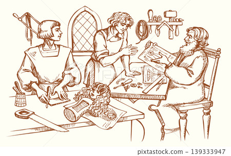 Vector illustration. A master teaches a student the art of craftsmanship. Vector illustration. A master teaches a student the art of craftsmanship. 139333947