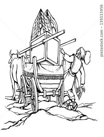 Vector drawing. The ark of the covenant being transported on a wooden cart pulled by two oxens 139333956