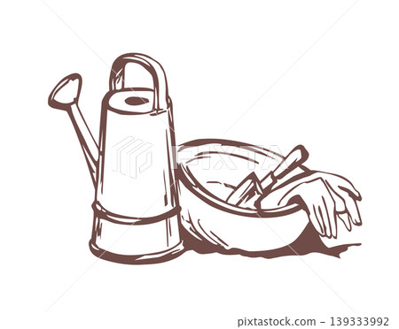 Vector drawing. Garden gloves, shovel and rake Vector drawing. Garden gloves, shovel and rake 139333992
