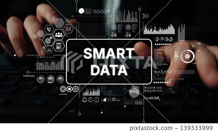 Hands Typing on Keyboard with Smart Data Concept Surrounded by Digital Graphs and Visualizations in Modern Technology Environment. Asymptotic smart data analytic Hands Typing on Keyboard with Smart Data Concept Surrounded by Digital Graphs and Visualizations in Modern Technology Environment. Asymptotic smart data analytic 139333999