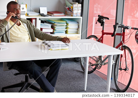 Telephone call, conversation and professional black man speaking, networking chat and talking in sales pitch negotiation. Startup agency landline, entrepreneurship or African office worker consulting 139334017