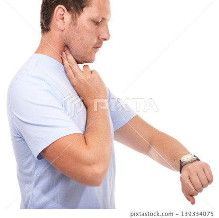 Neck pulse, watch and fitness man check heart rate time for workout progress, assessment or wellness test. Studio wristwatch, heartbeat and exercise model monitor body wellbeing on white background Neck pulse, watch and fitness man check heart rate time for workout progress, assessment or wellness test. Studio wristwatch, heartbeat and exercise model monitor body wellbeing on white background 139334075