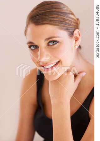 Beauty portrait, happiness and studio woman with skin wellness shine, facial cosmetics aesthetic or skincare glow. Face makeup, spa salon treatment and dermatology model smile on beige background Beauty portrait, happiness and studio woman with skin wellness shine, facial cosmetics aesthetic or skincare glow. Face makeup, spa salon treatment and dermatology model smile on beige background 139334088