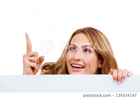 Woman, poster and pointing at information or peeking in studio for communication, announcement or white background. Female person, billboard placard as mockup for promotion, advertising or signage Woman, poster and pointing at information or peeking in studio for communication, announcement or white background. Female person, billboard placard as mockup for promotion, advertising or signage 139334197