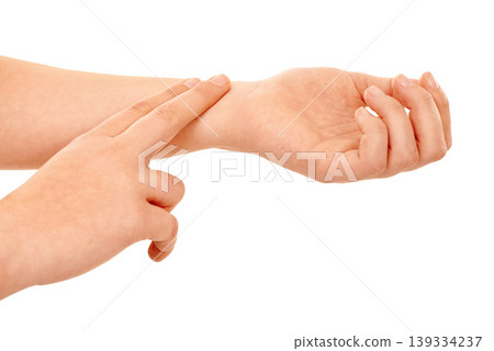 Person, hands and checking pulse rate, beat or health and wellness against a white studio background. Closeup of model fingers in cardiovascular, heart or blood pressure test or exam on mockup space Person, hands and checking pulse rate, beat or health and wellness against a white studio background. Closeup of model fingers in cardiovascular, heart or blood pressure test or exam on mockup space 139334237