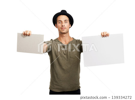 Man, portrait and billboard signs in advertising or marketing against a white studio background. Handsome or attractive young male person showing poster or placard for message, notification or mockup Man, portrait and billboard signs in advertising or marketing against a white studio background. Handsome or attractive young male person showing poster or placard for message, notification or mockup 139334272