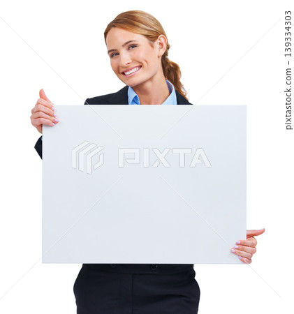 Woman, portrait and poster mockup in studio or billboard announcement, communication or information. Female person, contact details and corporate worker news or about us, signage on white background Woman, portrait and poster mockup in studio or billboard announcement, communication or information. Female person, contact details and corporate worker news or about us, signage on white background 139334303