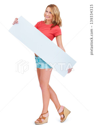 Woman, portrait and poster mockup space for information in studio for signage news, sale announcement or contact. Female person, face and banner on white background, communication or advertising Woman, portrait and poster mockup space for information in studio for signage news, sale announcement or contact. Female person, face and banner on white background, communication or advertising 139334315