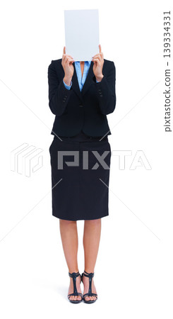 Woman, mockup and poster in studio for information news, communication or business sale. Female person, board and hiding face as corporate worker for about us contact, signage on white background Woman, mockup and poster in studio for information news, communication or business sale. Female person, board and hiding face as corporate worker for about us contact, signage on white background 139334331