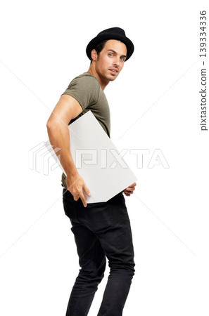 Man, poster mockup and portrait or information board in studio for promotion, presentation or white background. Male person, face and placard signage for advertising, recommendation or suggestion 139334336