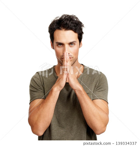 Portrait, prayer and hands together with a young man in studio isolated on a white background for hope or faith. Face, trust and worship with a confident model praying to god in faith for a miracle Portrait, prayer and hands together with a young man in studio isolated on a white background for hope or faith. Face, trust and worship with a confident model praying to god in faith for a miracle 139334337