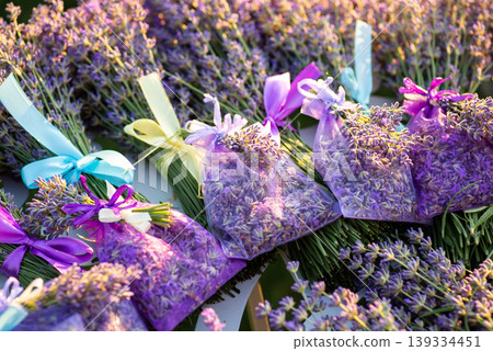 Close-up shot of lavender sachets on bouquets for sale. Harvest of lavender Close-up shot of lavender sachets on bouquets for sale. Harvest of lavender 139334451