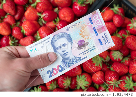 Giving 200 hryvnias banknote to a strawberry seller. Buying strawberry in Ukraine, paying for fresh berries Giving 200 hryvnias banknote to a strawberry seller. Buying strawberry in Ukraine, paying for fresh berries 139334478