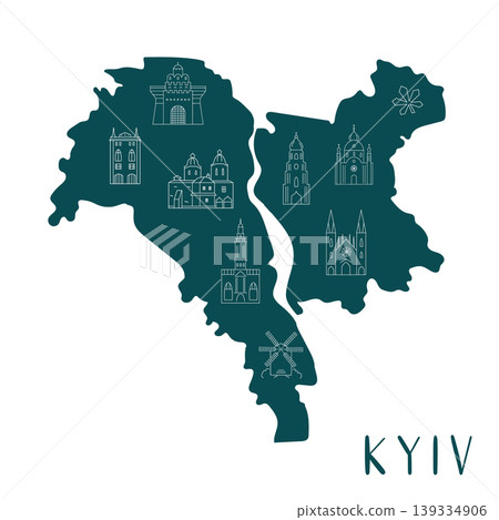Kyiv city illustrated map with famous landmarks and Dnipro river in line art style, Ukraine Kyiv city illustrated map with famous landmarks and Dnipro river in line art style, Ukraine 139334906