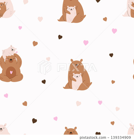 Seamless pattern with cartoon bear families and hearts. 139334909